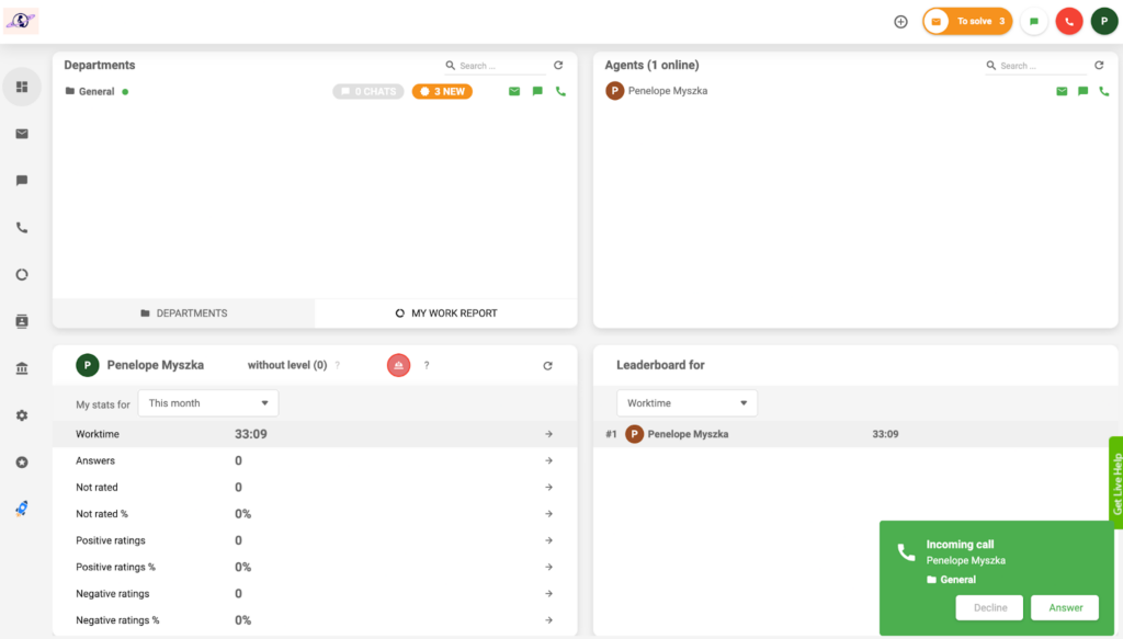 LiveAgent - inkomende oproep weergegeven op dashboard