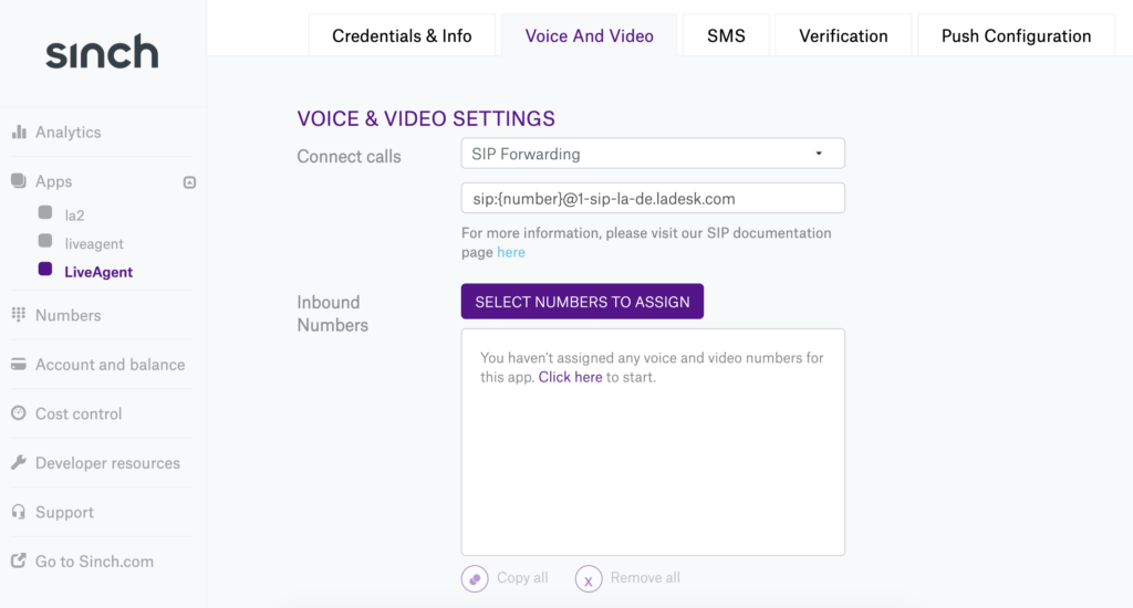 Sinch spraak- en video-instellingen in nieuwe app-configuratie met SIP-forwarding geselecteerd